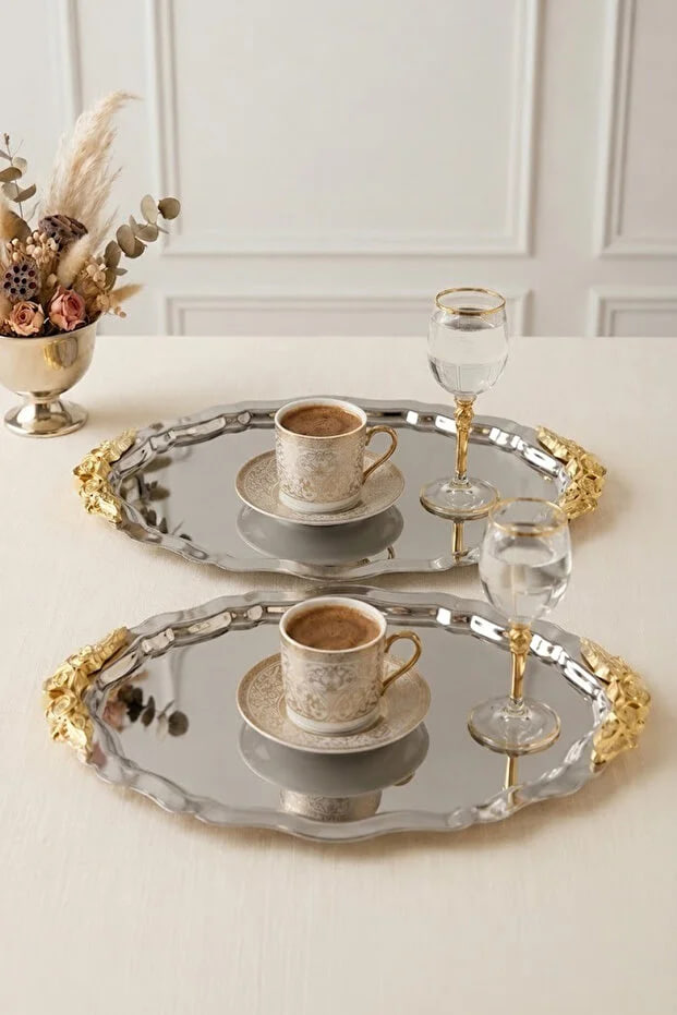Kitchen Life Set of 2 Large Size Vintage Embroidered Oval Gold Coffee Presentation Tray-Serving Tray 28 cm