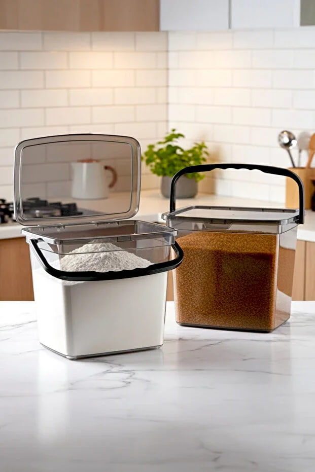 Kitchen Life Mega Size 2-Piece Square Flour and Legumes Container (6 Liters) - Detergent Storage Box Container with Handle 2 Pieces